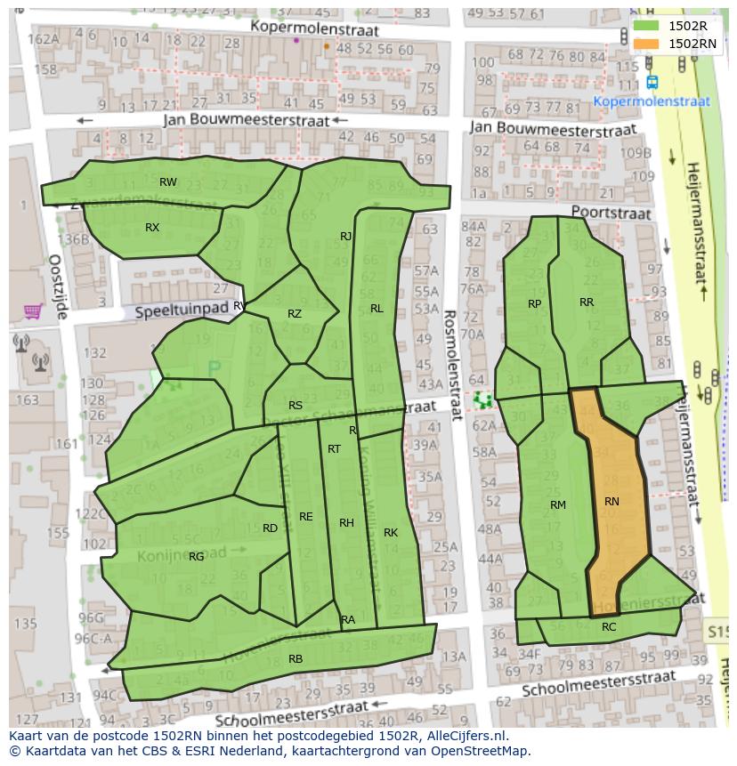Afbeelding van het postcodegebied 1502 RN op de kaart.
