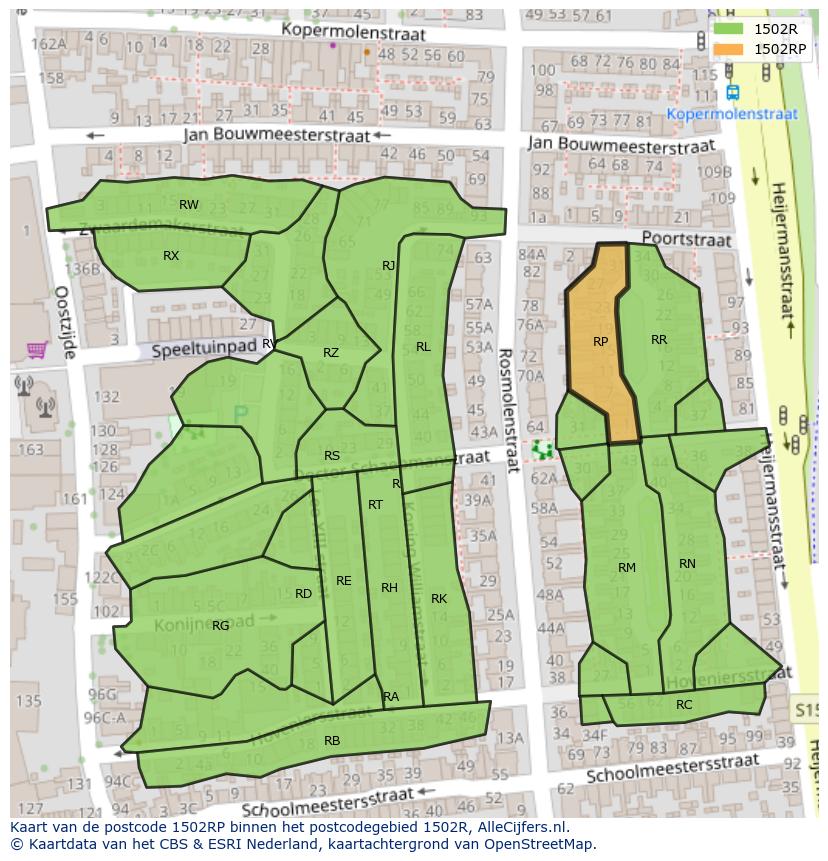 Afbeelding van het postcodegebied 1502 RP op de kaart.