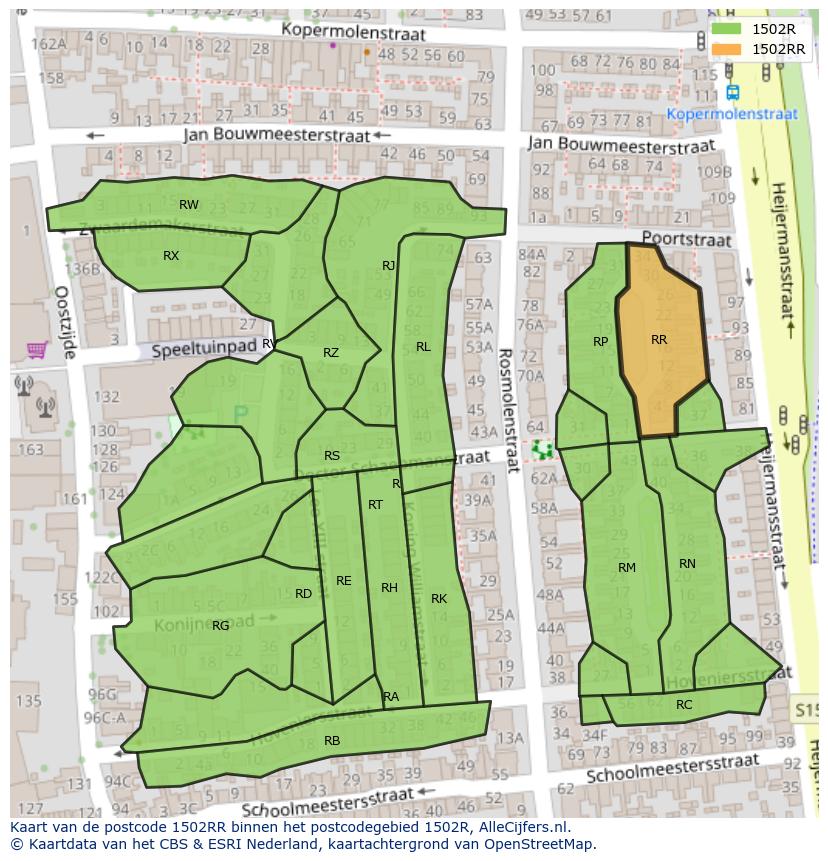 Afbeelding van het postcodegebied 1502 RR op de kaart.