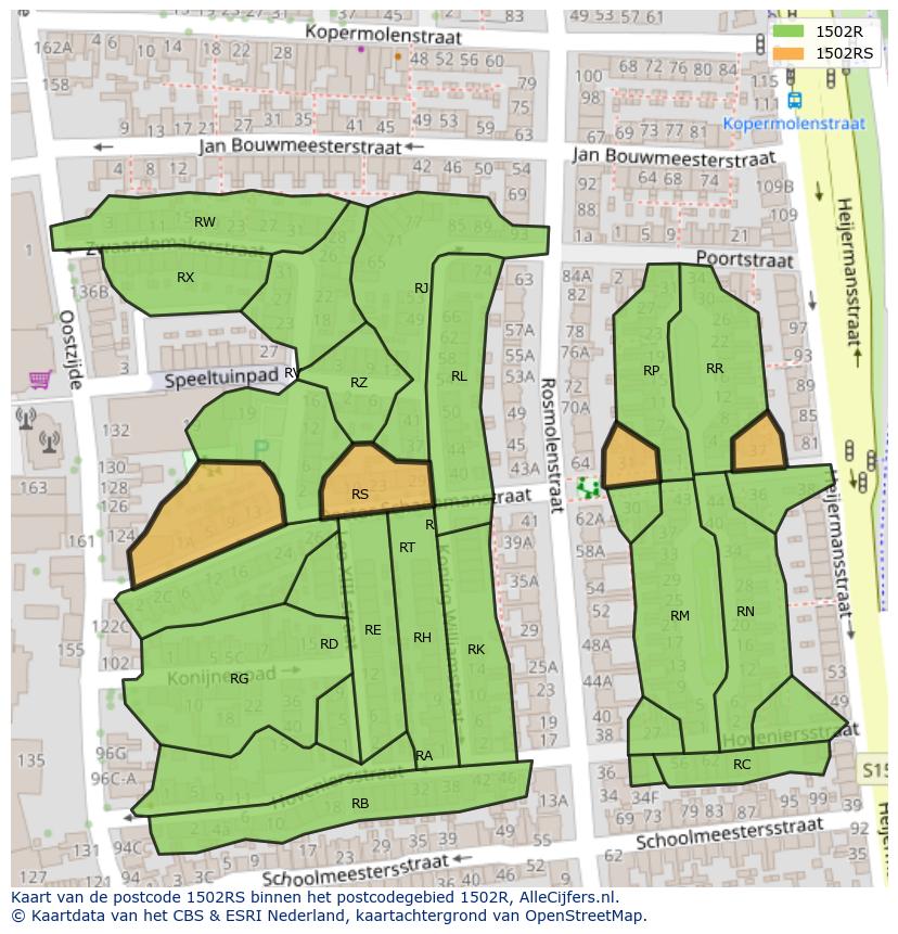 Afbeelding van het postcodegebied 1502 RS op de kaart.