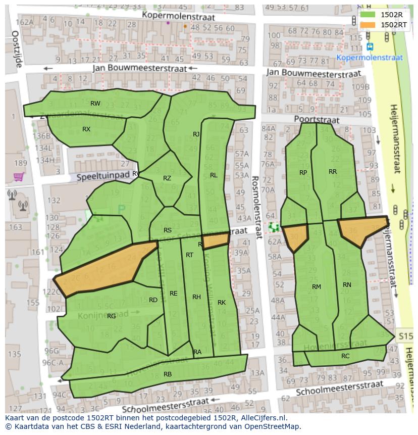 Afbeelding van het postcodegebied 1502 RT op de kaart.