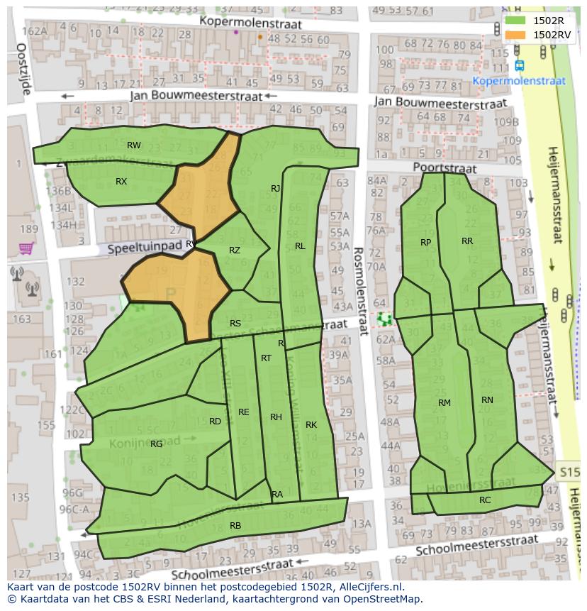 Afbeelding van het postcodegebied 1502 RV op de kaart.