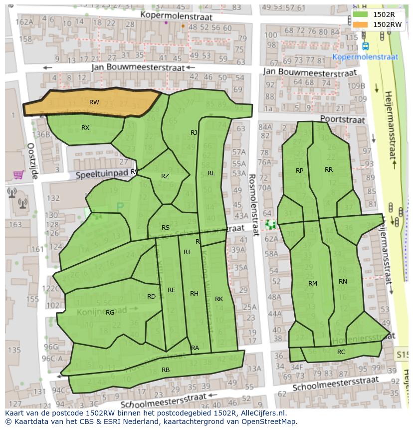 Afbeelding van het postcodegebied 1502 RW op de kaart.