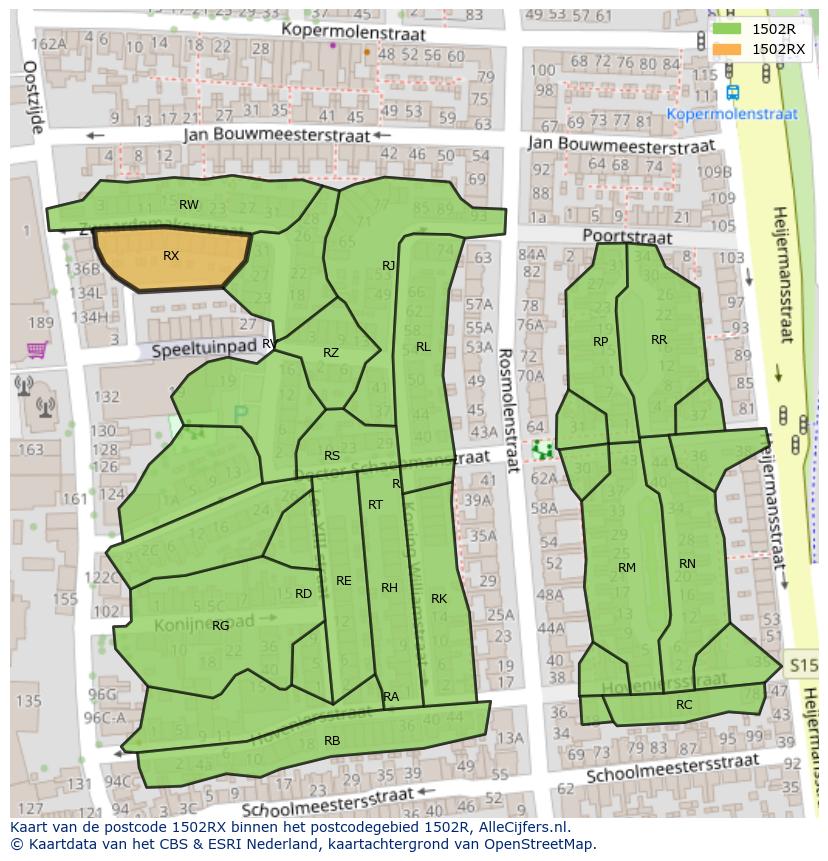 Afbeelding van het postcodegebied 1502 RX op de kaart.
