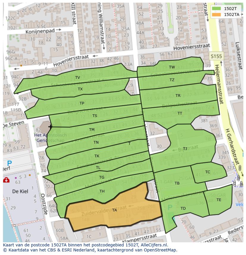 Afbeelding van het postcodegebied 1502 TA op de kaart.