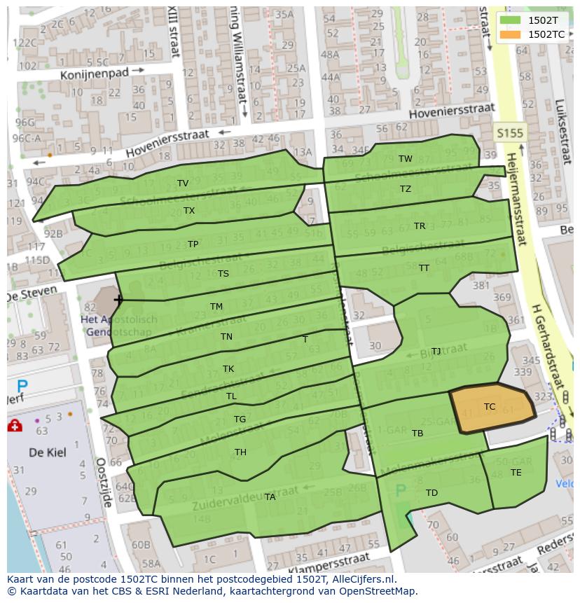 Afbeelding van het postcodegebied 1502 TC op de kaart.