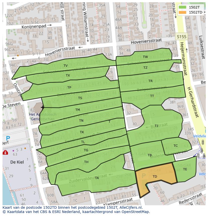 Afbeelding van het postcodegebied 1502 TD op de kaart.