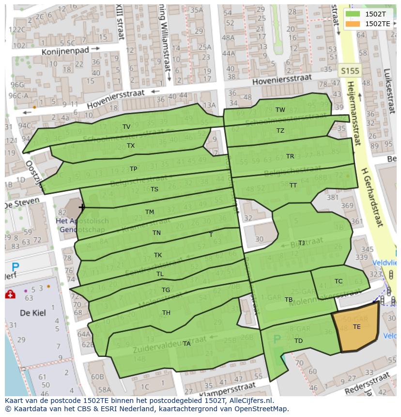 Afbeelding van het postcodegebied 1502 TE op de kaart.