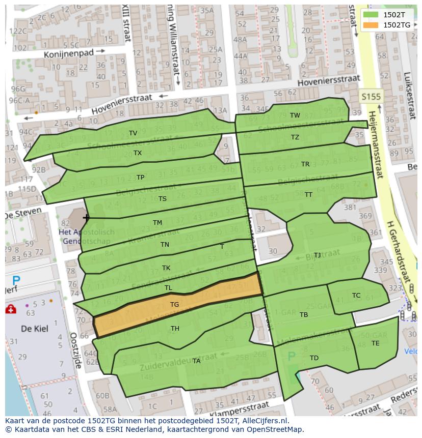 Afbeelding van het postcodegebied 1502 TG op de kaart.