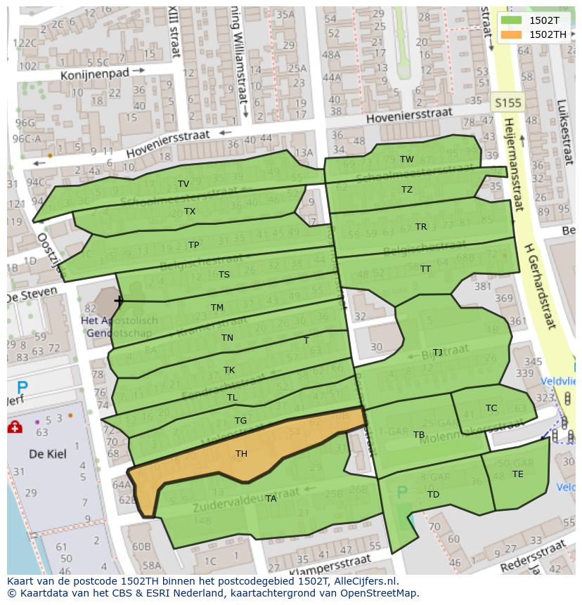 Afbeelding van het postcodegebied 1502 TH op de kaart.