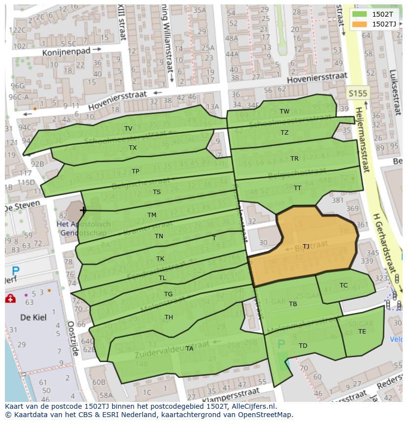 Afbeelding van het postcodegebied 1502 TJ op de kaart.