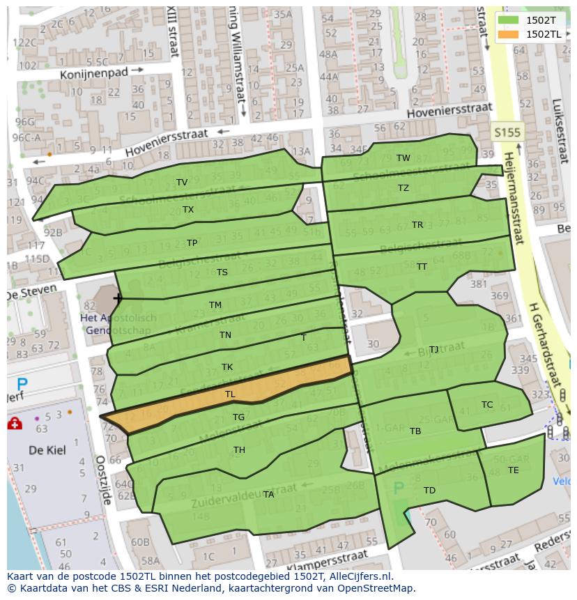 Afbeelding van het postcodegebied 1502 TL op de kaart.