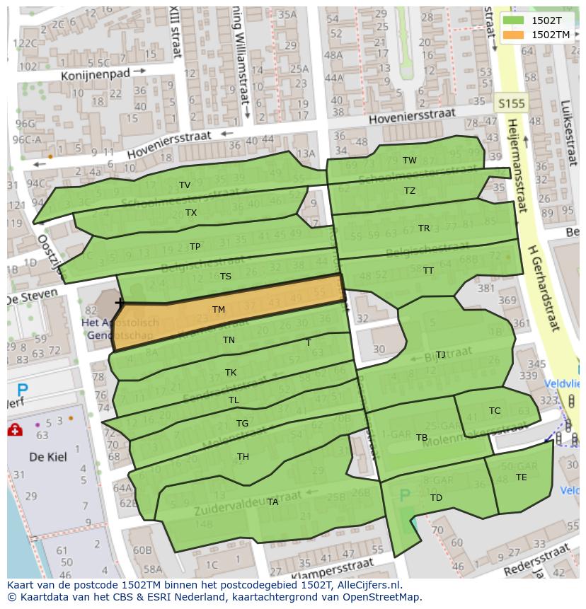Afbeelding van het postcodegebied 1502 TM op de kaart.
