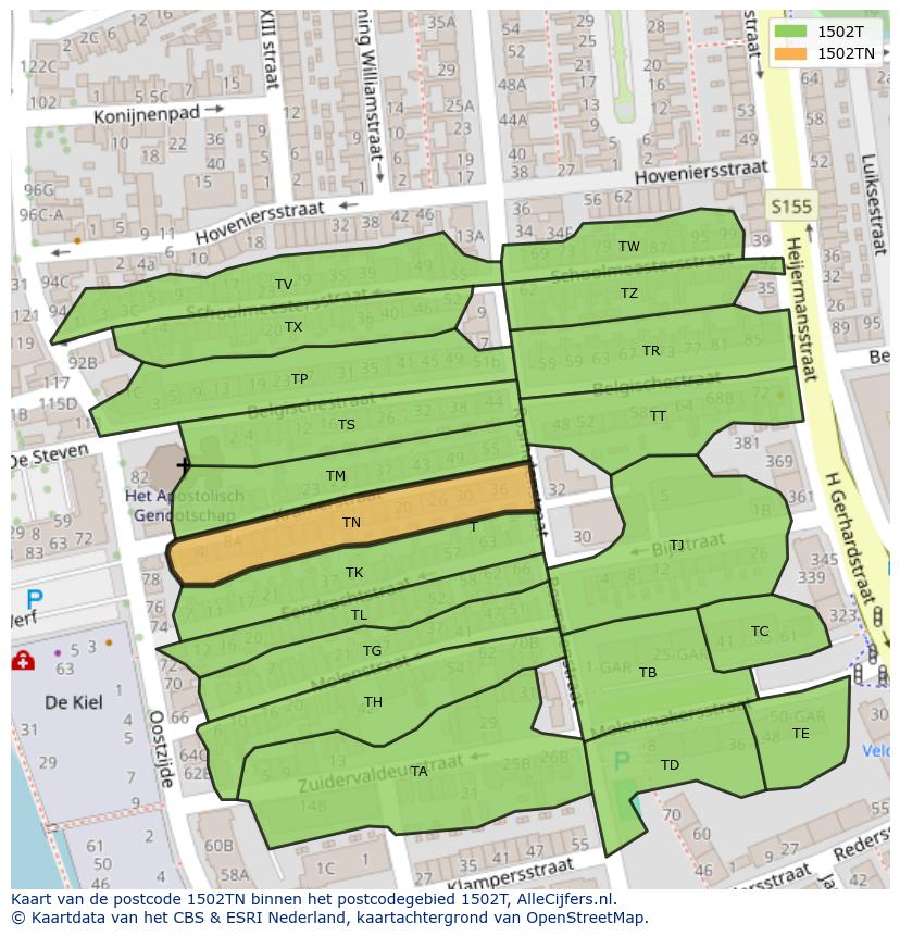 Afbeelding van het postcodegebied 1502 TN op de kaart.