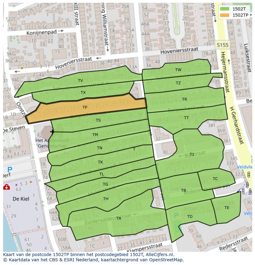 Afbeelding van het postcodegebied 1502 TP op de kaart.