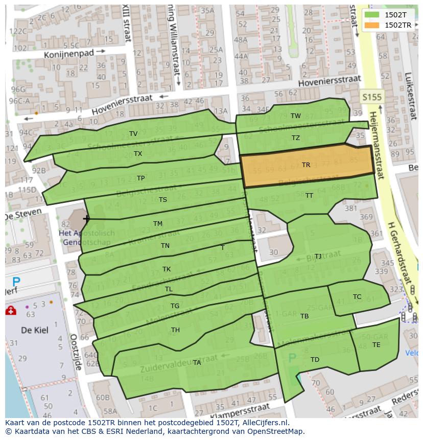 Afbeelding van het postcodegebied 1502 TR op de kaart.