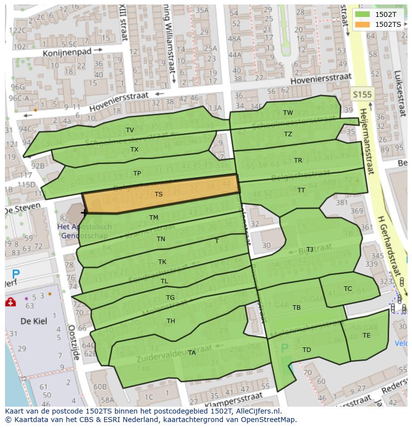 Afbeelding van het postcodegebied 1502 TS op de kaart.