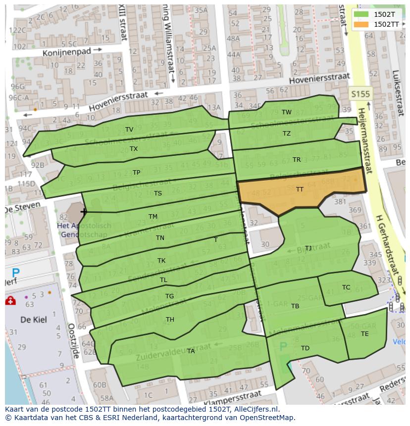 Afbeelding van het postcodegebied 1502 TT op de kaart.