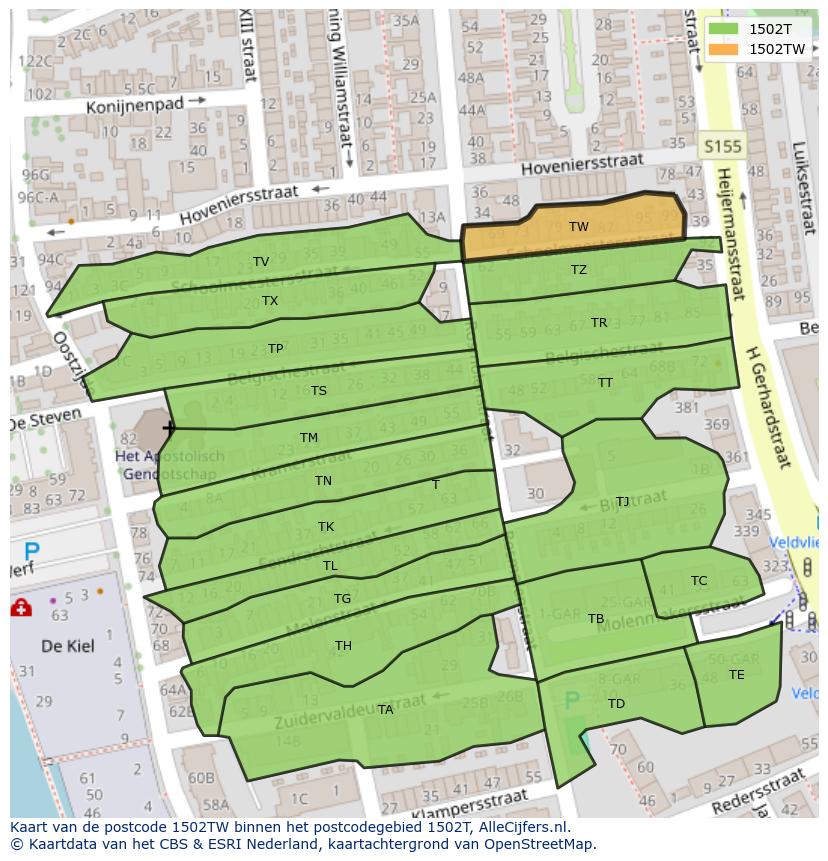 Afbeelding van het postcodegebied 1502 TW op de kaart.