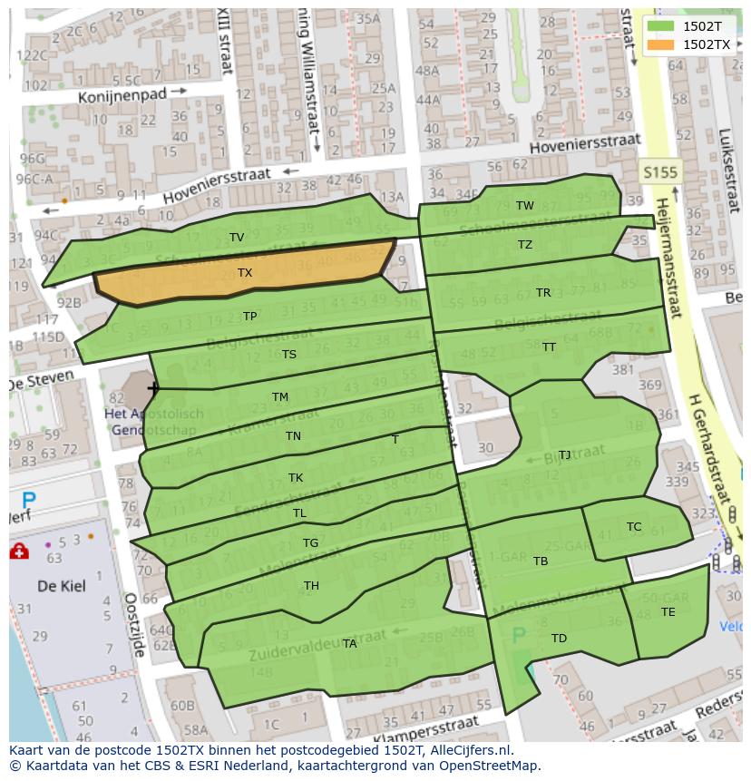 Afbeelding van het postcodegebied 1502 TX op de kaart.