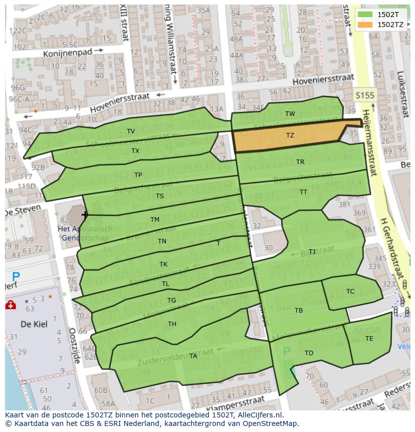 Afbeelding van het postcodegebied 1502 TZ op de kaart.