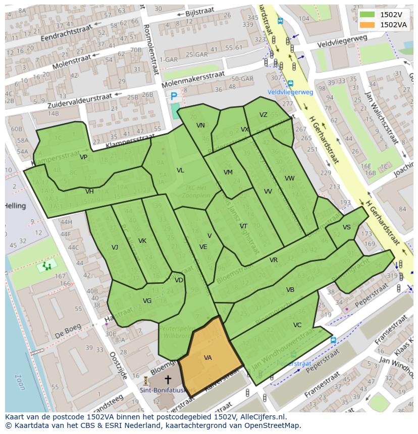 Afbeelding van het postcodegebied 1502 VA op de kaart.