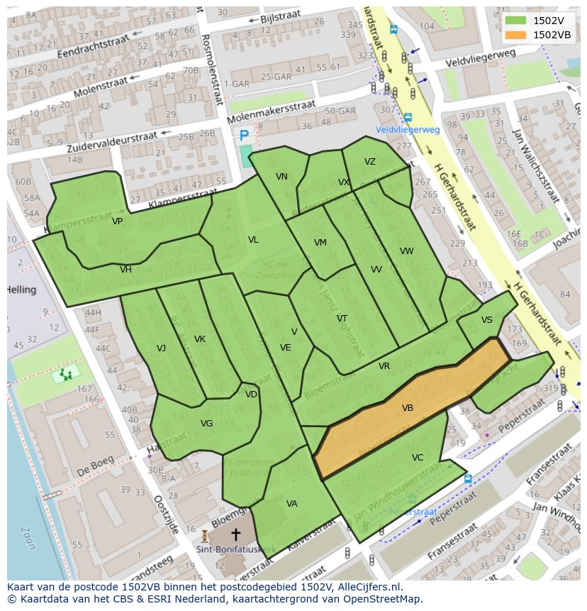 Afbeelding van het postcodegebied 1502 VB op de kaart.