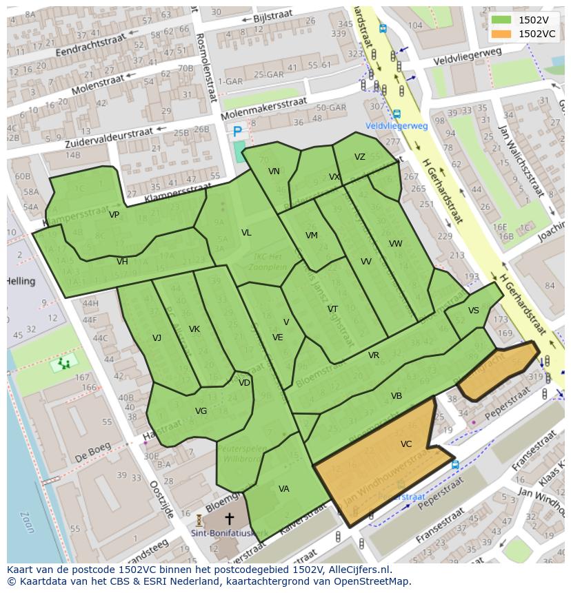 Afbeelding van het postcodegebied 1502 VC op de kaart.