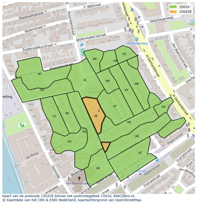 Afbeelding van het postcodegebied 1502 VE op de kaart.