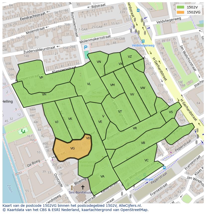 Afbeelding van het postcodegebied 1502 VG op de kaart.