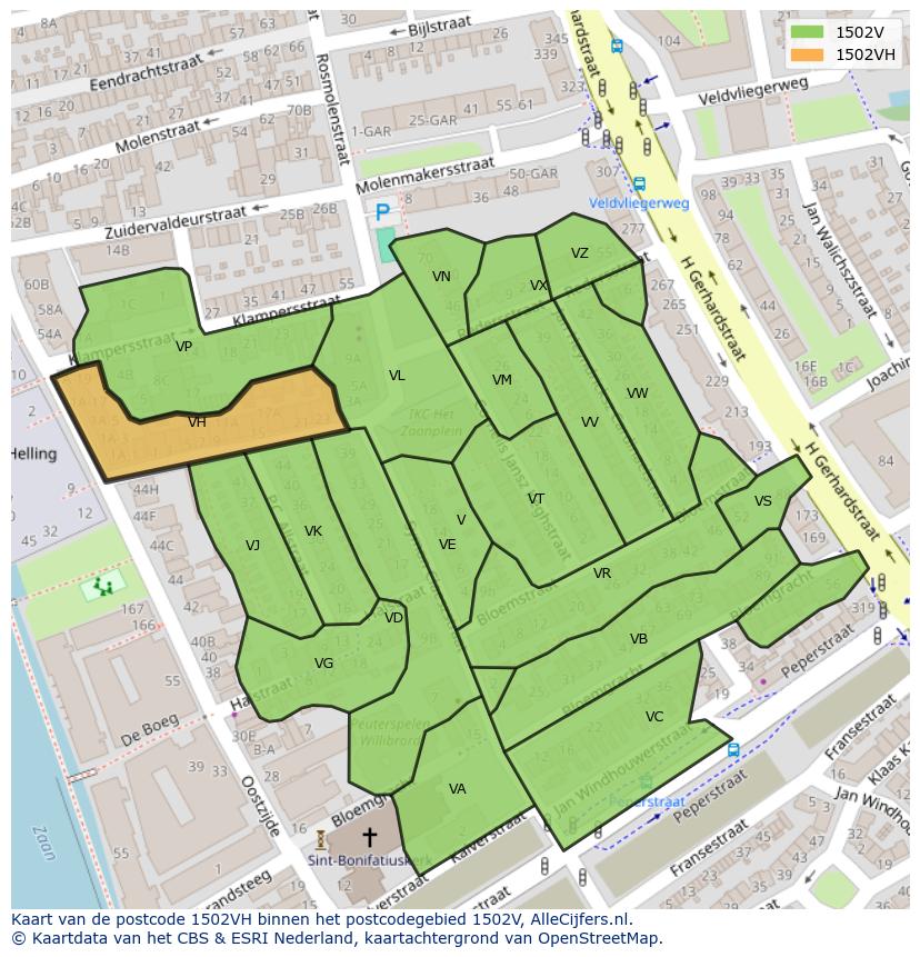 Afbeelding van het postcodegebied 1502 VH op de kaart.