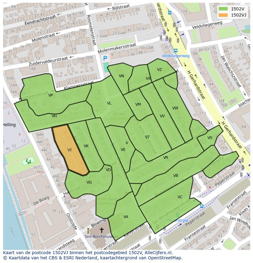 Afbeelding van het postcodegebied 1502 VJ op de kaart.