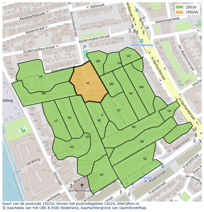 Afbeelding van het postcodegebied 1502 VL op de kaart.
