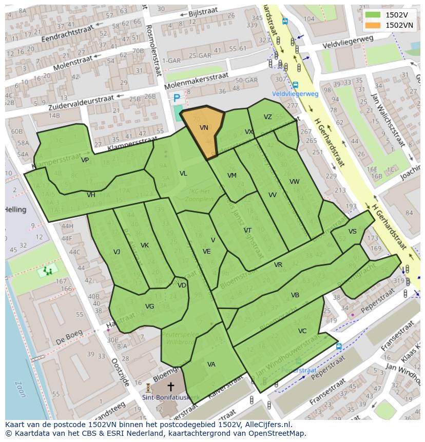 Afbeelding van het postcodegebied 1502 VN op de kaart.