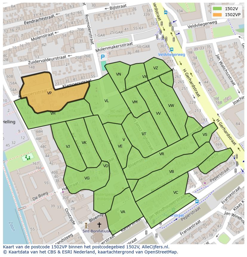 Afbeelding van het postcodegebied 1502 VP op de kaart.