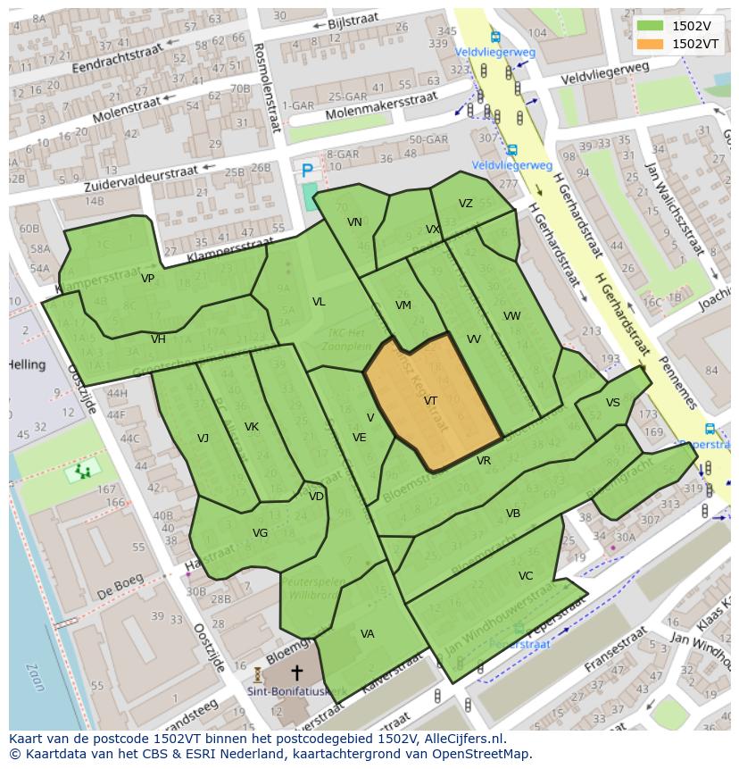 Afbeelding van het postcodegebied 1502 VT op de kaart.