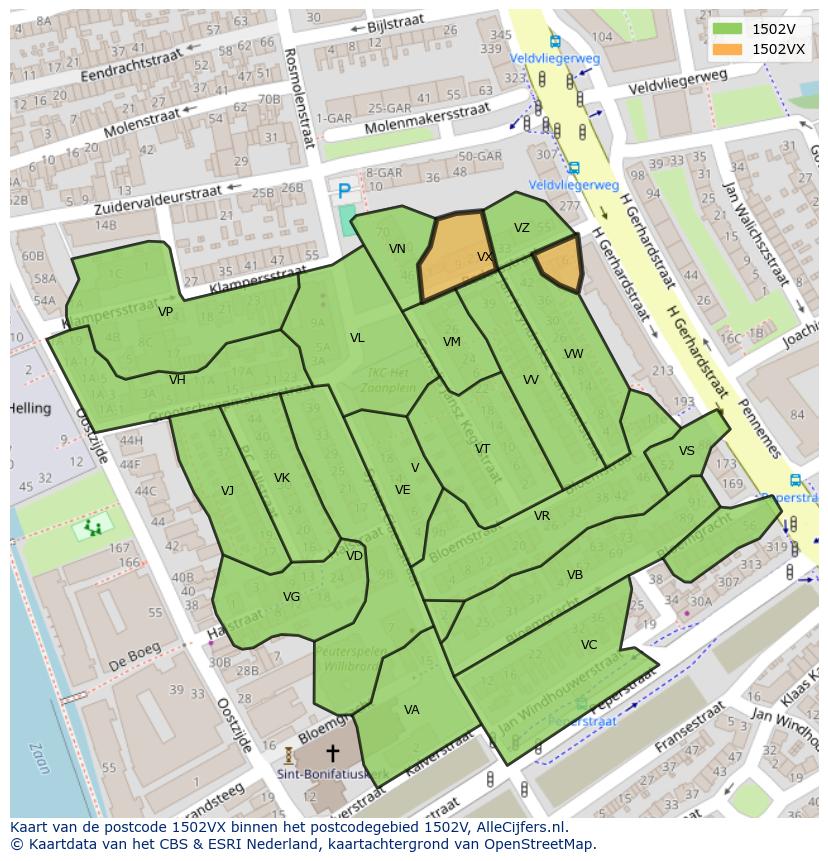 Afbeelding van het postcodegebied 1502 VX op de kaart.
