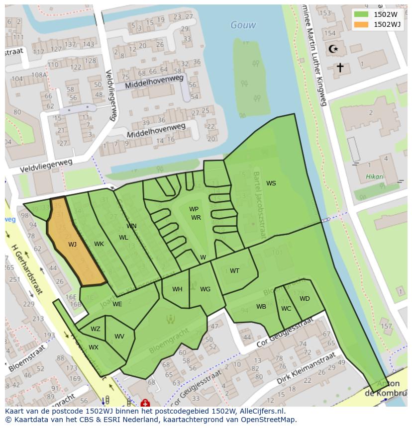 Afbeelding van het postcodegebied 1502 WJ op de kaart.