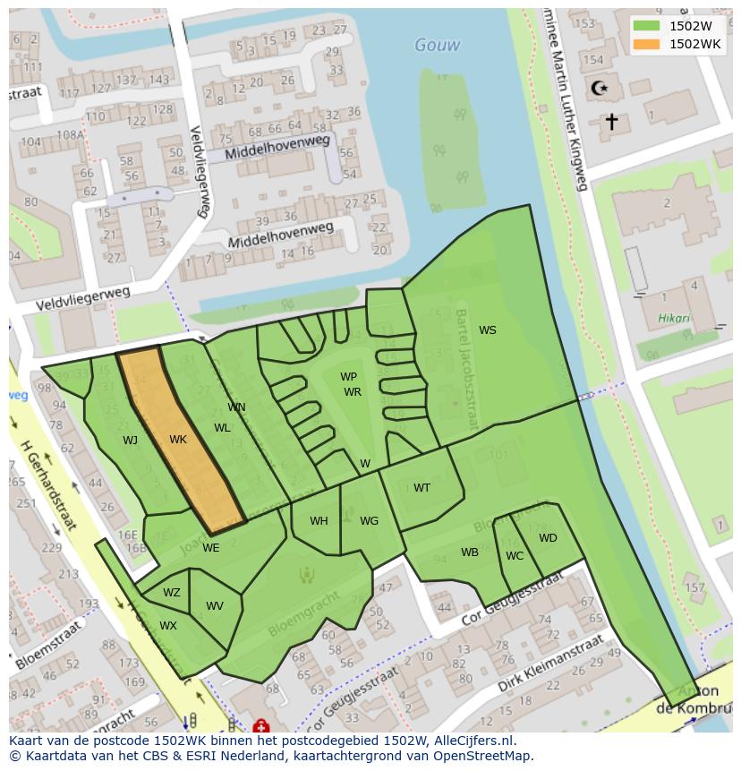 Afbeelding van het postcodegebied 1502 WK op de kaart.