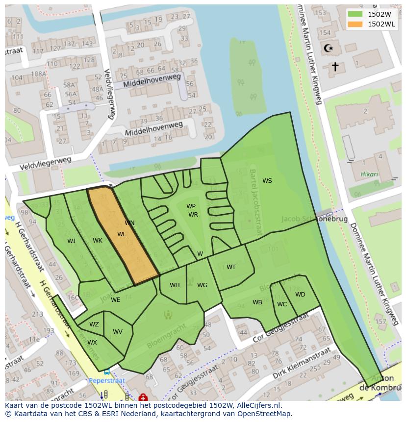 Afbeelding van het postcodegebied 1502 WL op de kaart.