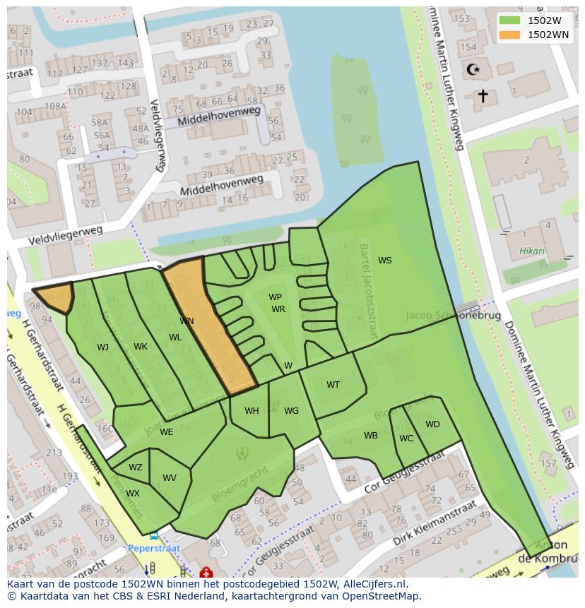 Afbeelding van het postcodegebied 1502 WN op de kaart.