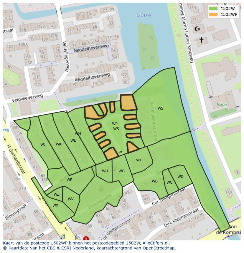 Afbeelding van het postcodegebied 1502 WP op de kaart.