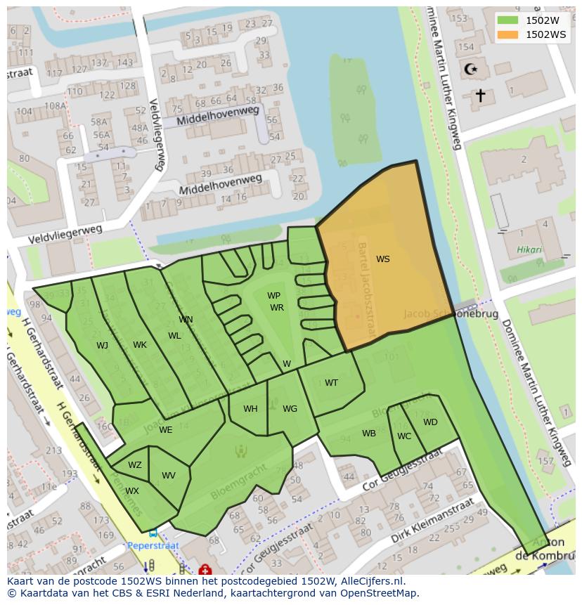 Afbeelding van het postcodegebied 1502 WS op de kaart.