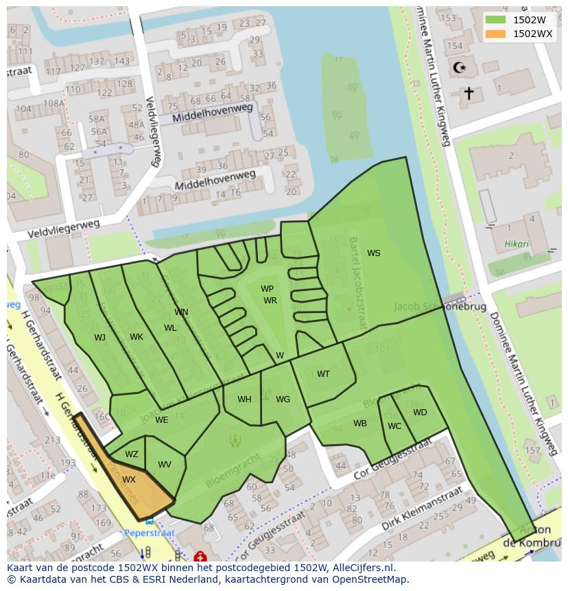 Afbeelding van het postcodegebied 1502 WX op de kaart.