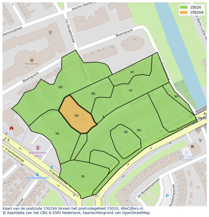 Afbeelding van het postcodegebied 1502 XA op de kaart.