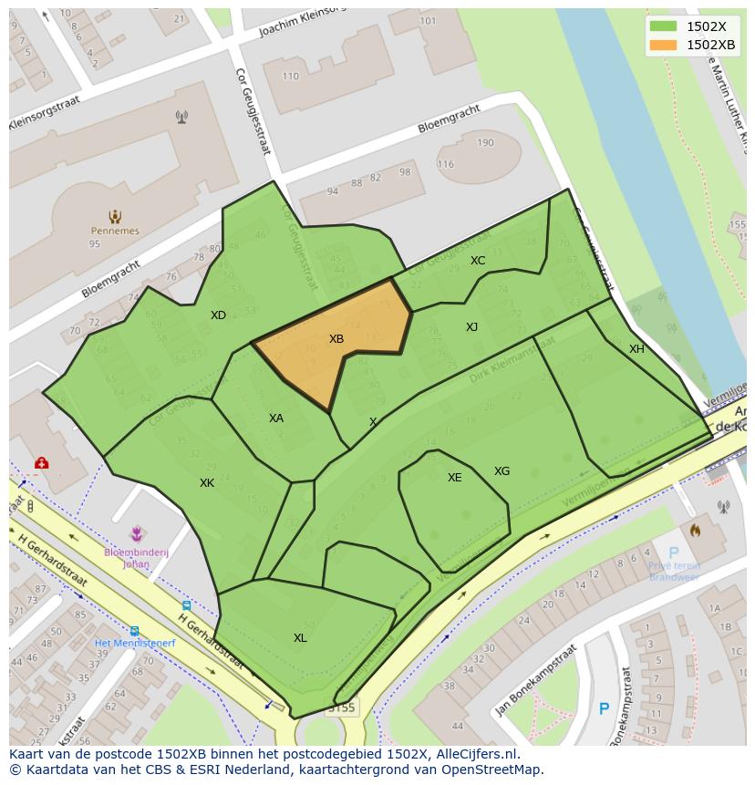 Afbeelding van het postcodegebied 1502 XB op de kaart.