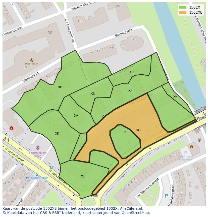Afbeelding van het postcodegebied 1502 XE op de kaart.