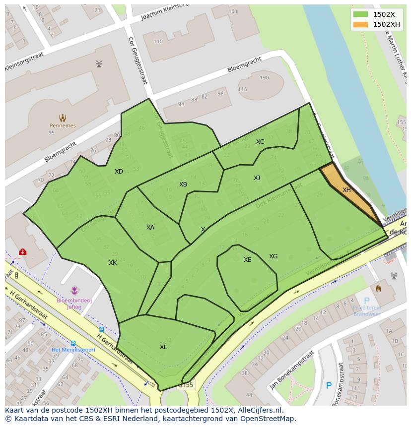 Afbeelding van het postcodegebied 1502 XH op de kaart.