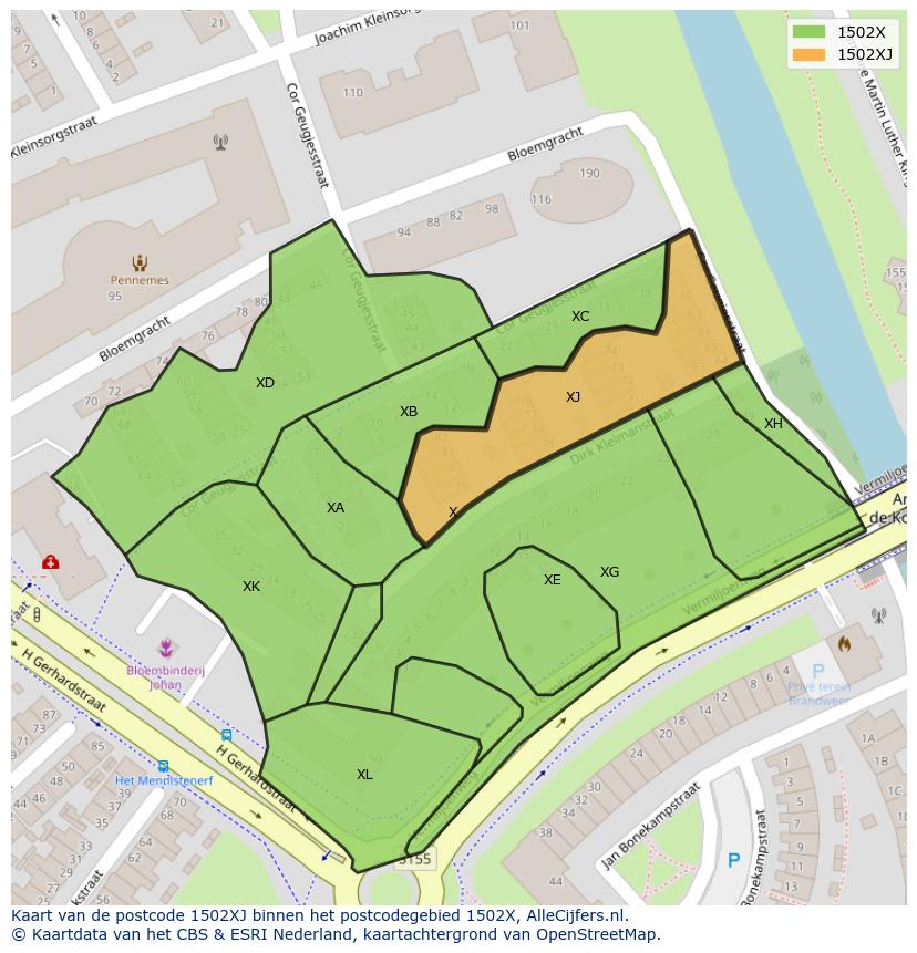 Afbeelding van het postcodegebied 1502 XJ op de kaart.