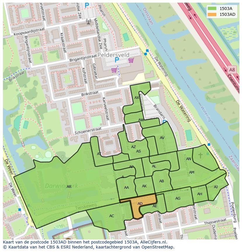 Afbeelding van het postcodegebied 1503 AD op de kaart.